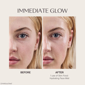 Person spraying Weleda Skin Food mist on face for a dewy, refreshed finish