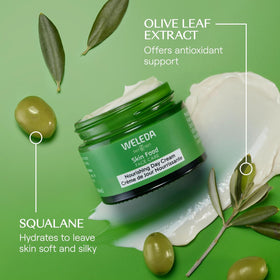 Weleda Skin Food olive leaf extract close-up, plant-based antioxidant benefit
