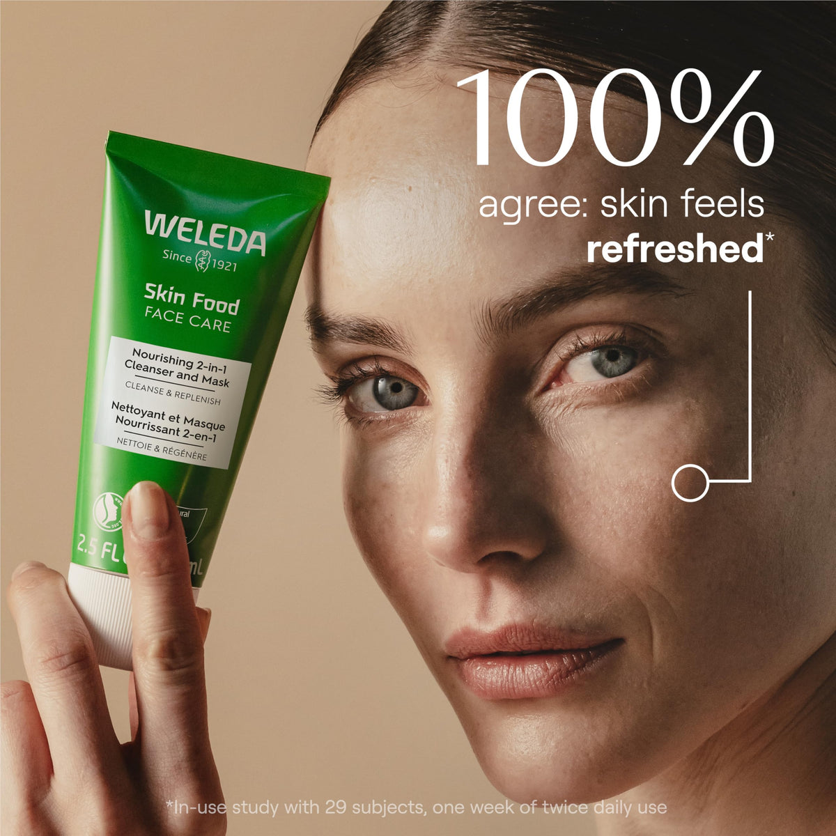 Weleda pump dispensing cleanser illustrating easy, controlled application benefit