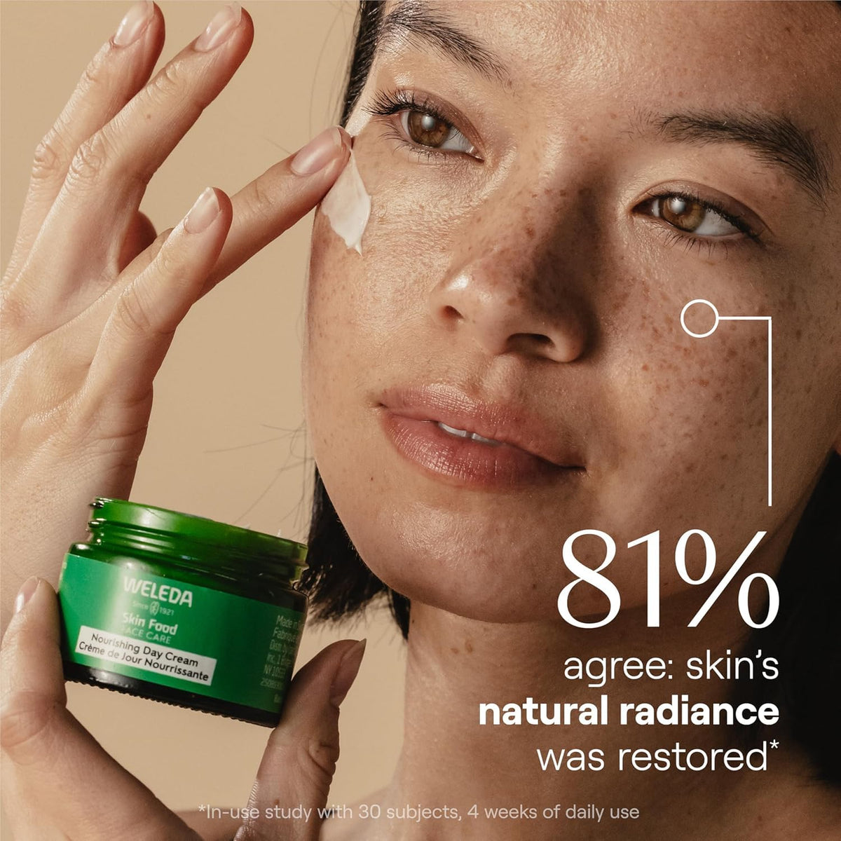 Weleda Skin Food next to a coin for scale, brand highlights travel-ready 1.3 oz