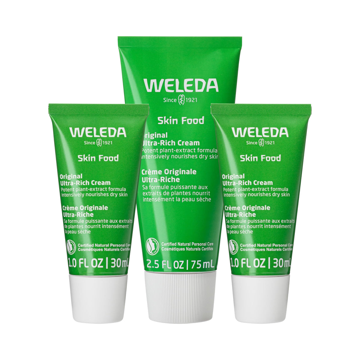 Weleda Skin Food trio front packaging showing tubes and branding for easy recognition and trust