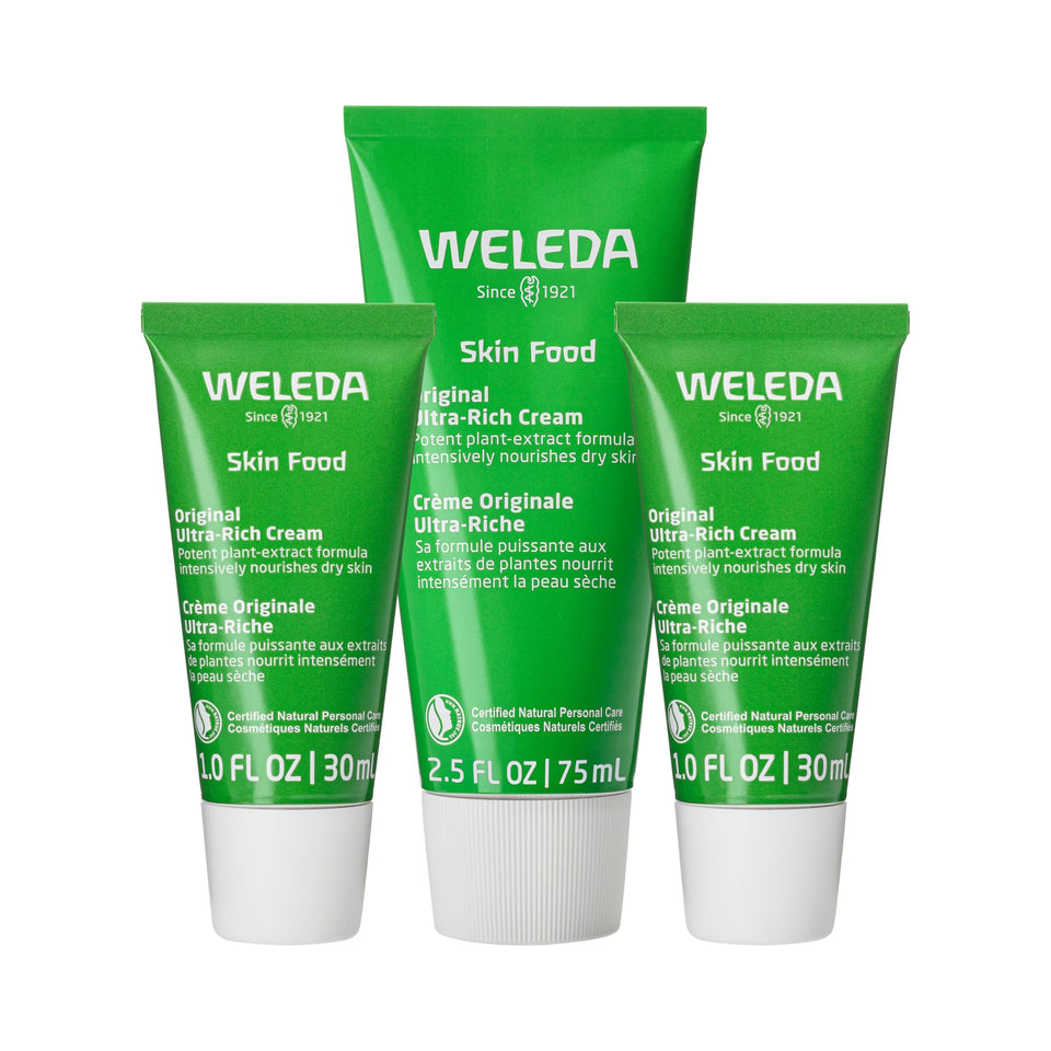 Weleda Skin Food trio front packaging showing tubes and branding for easy recognition and trust