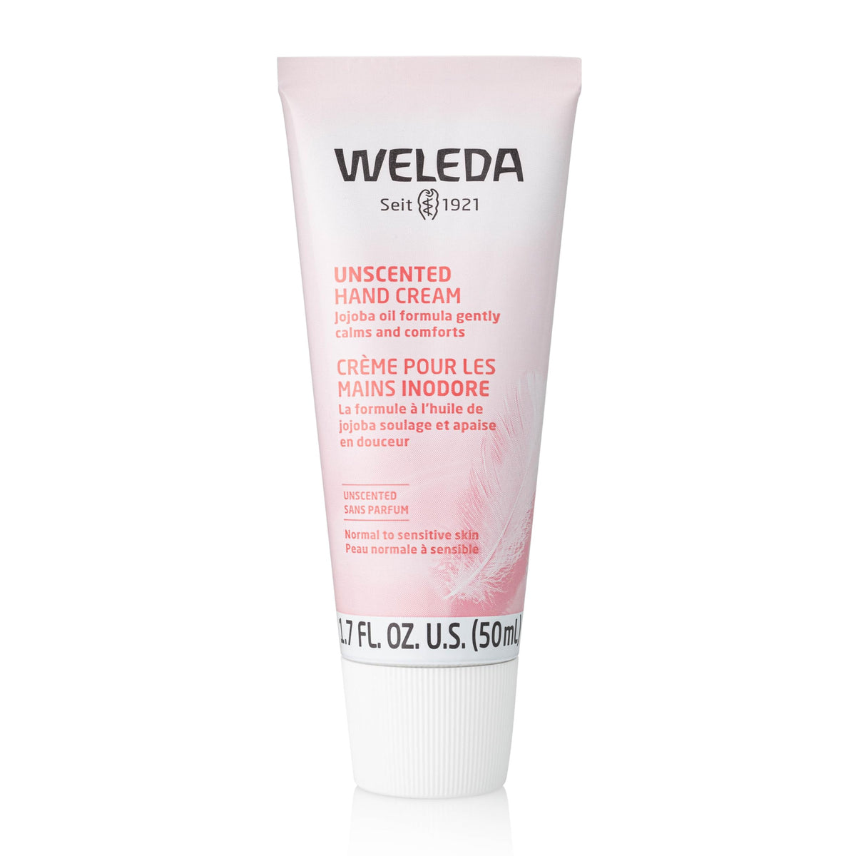 Weleda unscented hand cream front tube showing label and size benefit: travel-ready hydration