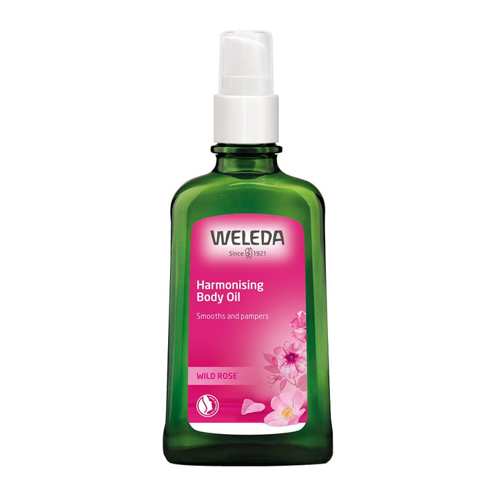 Weleda wild rose front packaging bottle showing brand and rose oil benefits