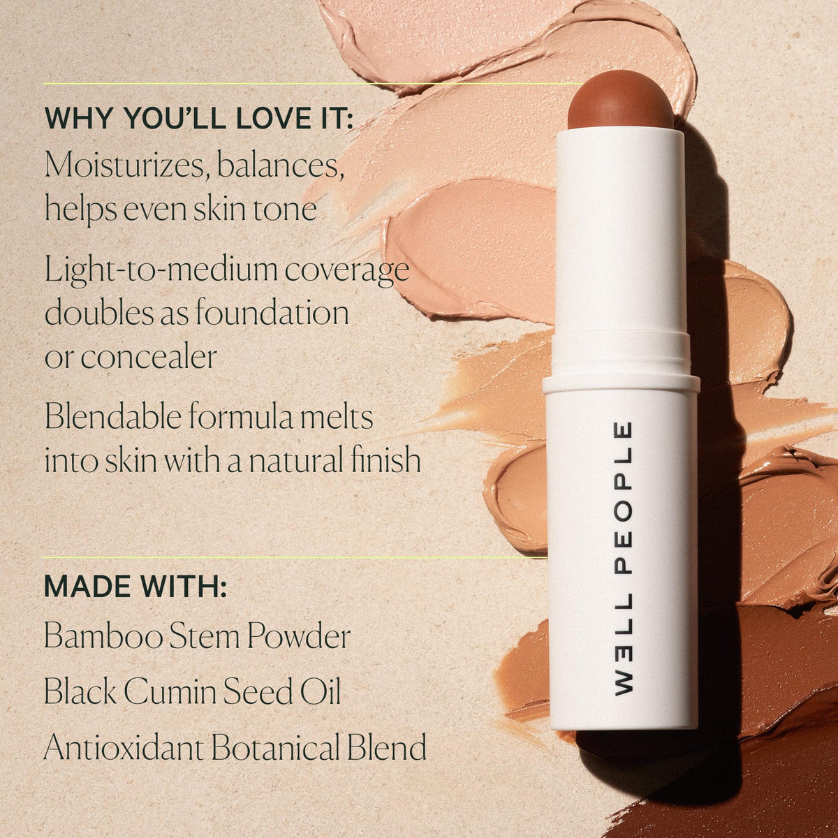 Well People label close-up of 32 Tan Neutral shade and clean ingredients