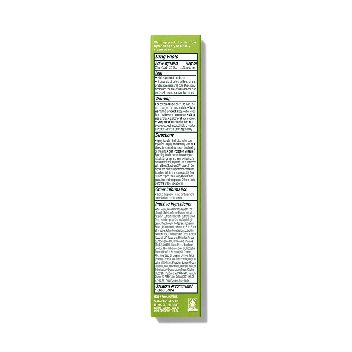 Well People label close-up showing SPF 30 and clean-beauty certifications
