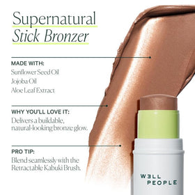 Well People bronzer stick applied on cheeks illustrating natural warmth and dewy finish