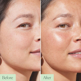 Well People bronzing serum dispensed drop on fingertip, demonstrates easy control and blendability
