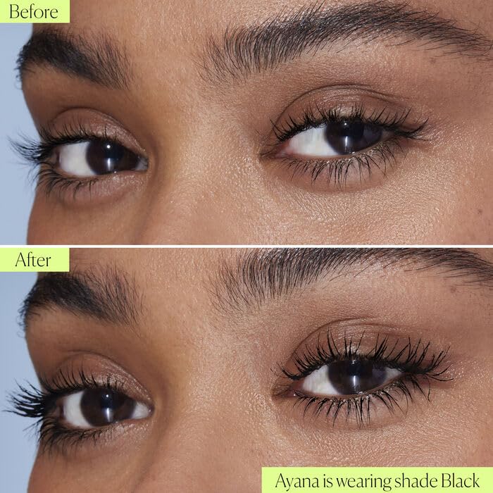 Well People brown mascara before and after lashes showing visible length and natural definition