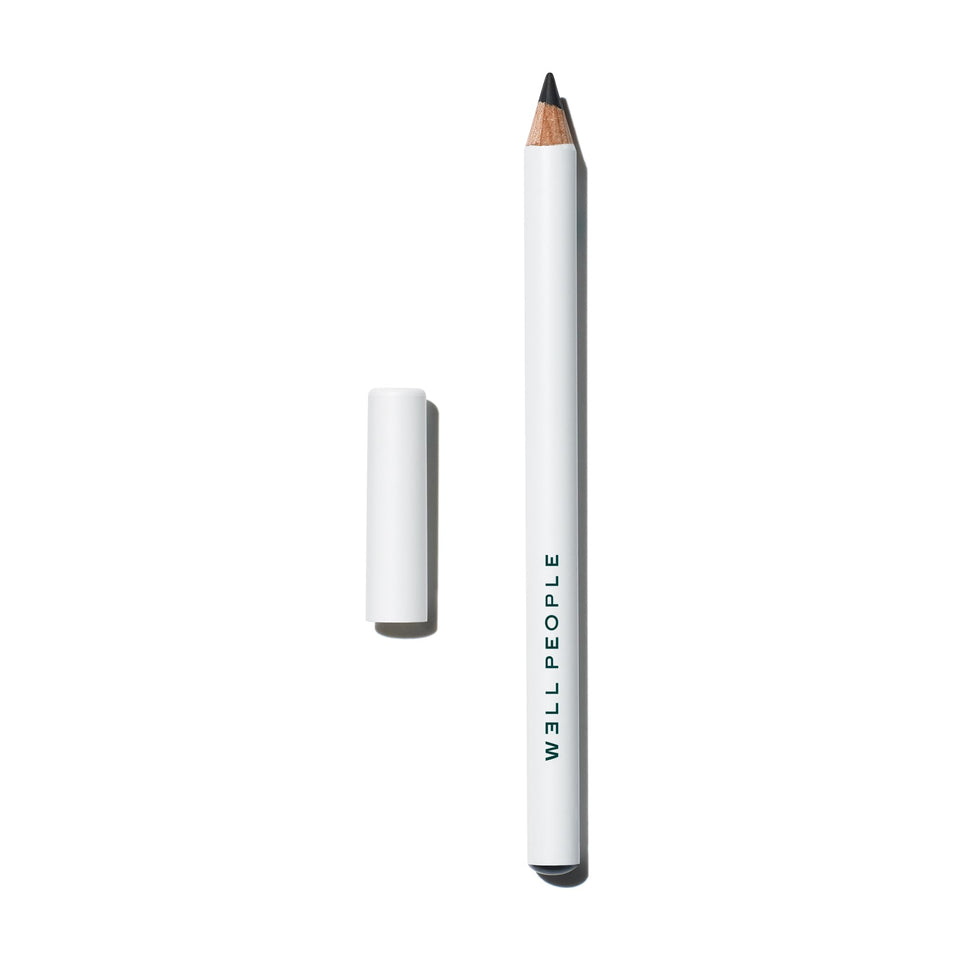 Well People Fresh Lines pencil front view showing slim black eyeliner and cap
