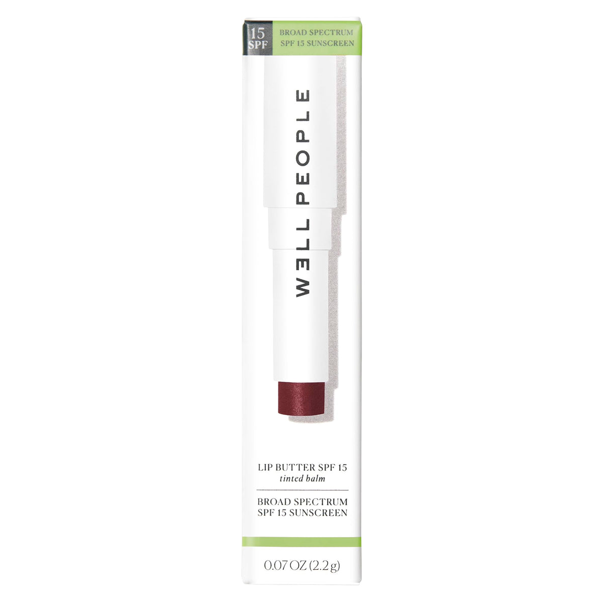 Well People lip butter applied on lips demonstrating wine tint and natural shine