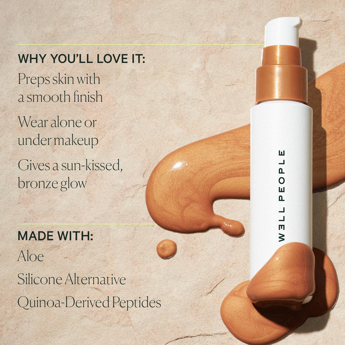 Well People priming serum texture close-up on skin, highlights lightweight, non-greasy feel