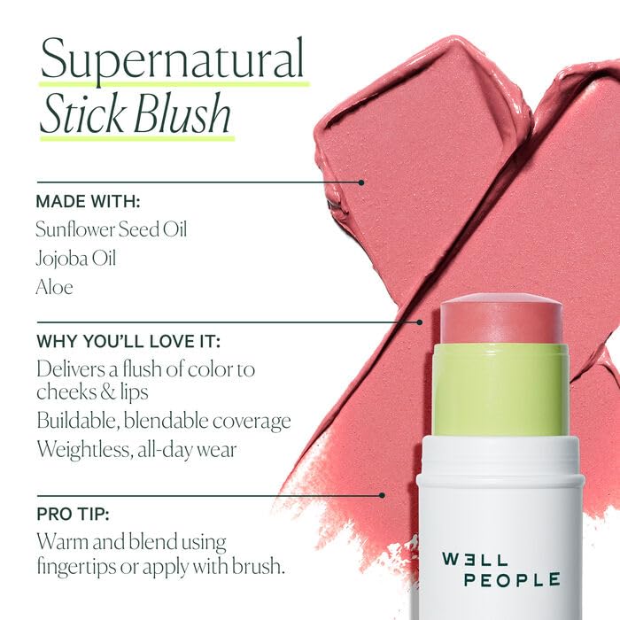 Well People blush stick being blended on cheek for a natural hydrated flush