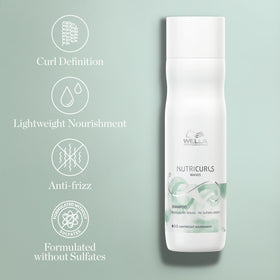 Wella Professionals bottle beside wavy hair sample showing definition
