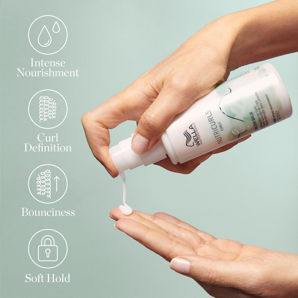 Wella Professionals Nutricurls bottle held in hand to show true size and travel-friendly benefit