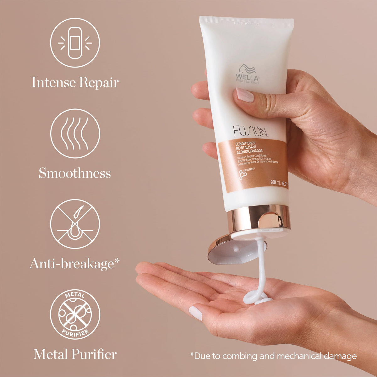 Wella Professionals conditioner being applied to wet hair in shower