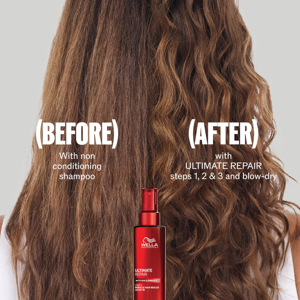 Wella Professionals before and after hair strands showing smoother finish