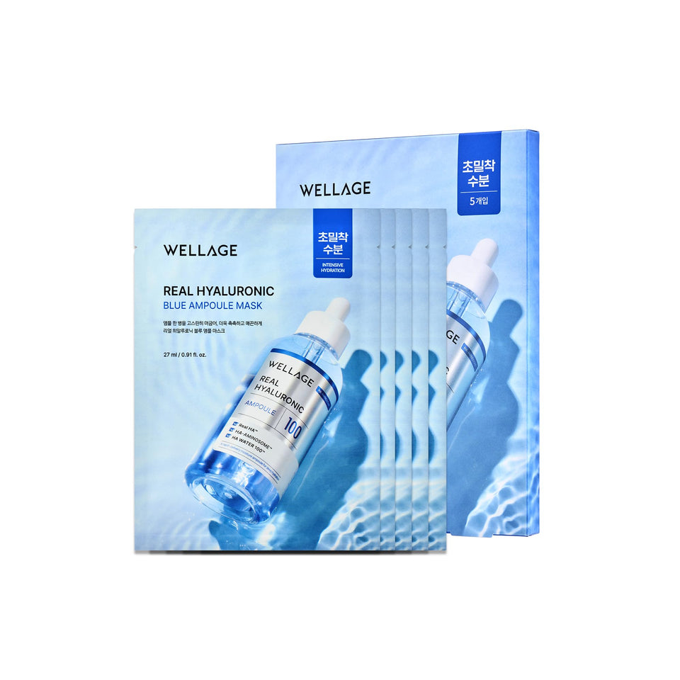 WELLAGE front packaging blue ampoule mask showing product and benefit
