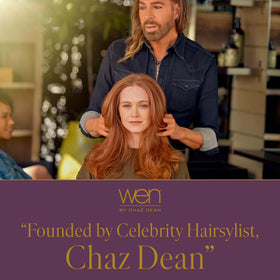 WEN by Chaz Dean bottle on bathroom shelf in lifestyle scene conveying calming lavender aroma and routine fit benefit