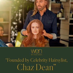 WEN by Chaz Dean bottle staged on bathroom shelf showing routine-ready presentation