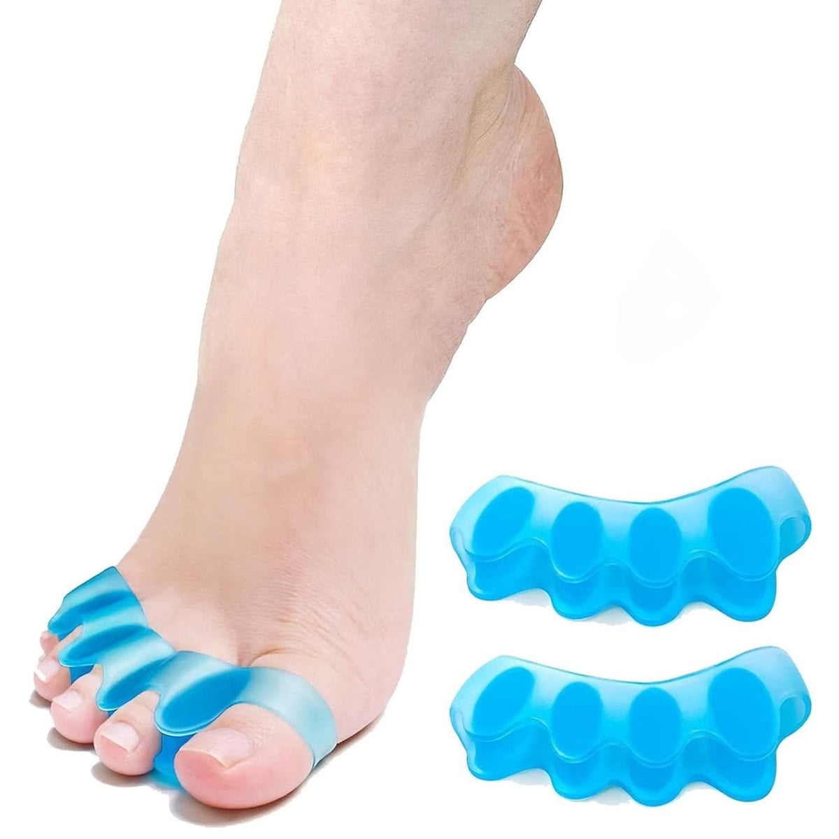WERNOKLE front view of blue toe separators showing pair and benefits