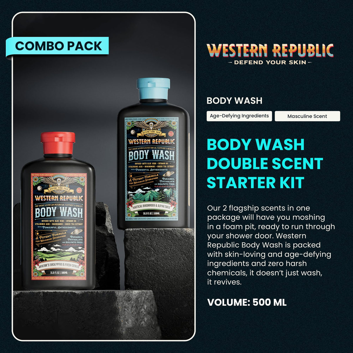 western republic eucalyptus citrus bottle label showing invigorating scent benefit