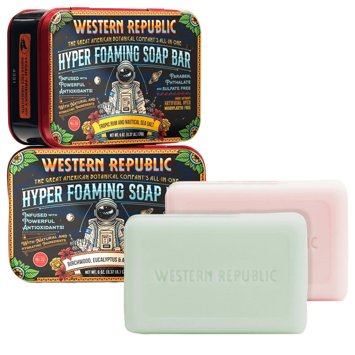 Western Republic front packaging showing both scented soap bars and benefits