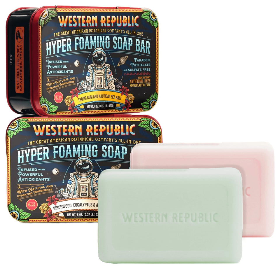 Western Republic front packaging showing both scented soap bars and benefits