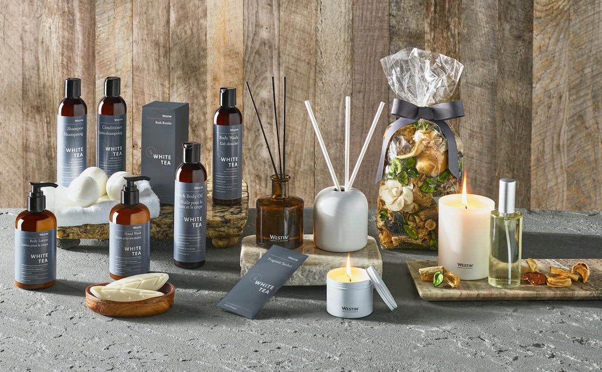 Westin set on bathroom counter in lifestyle scene conveying spa-like calm