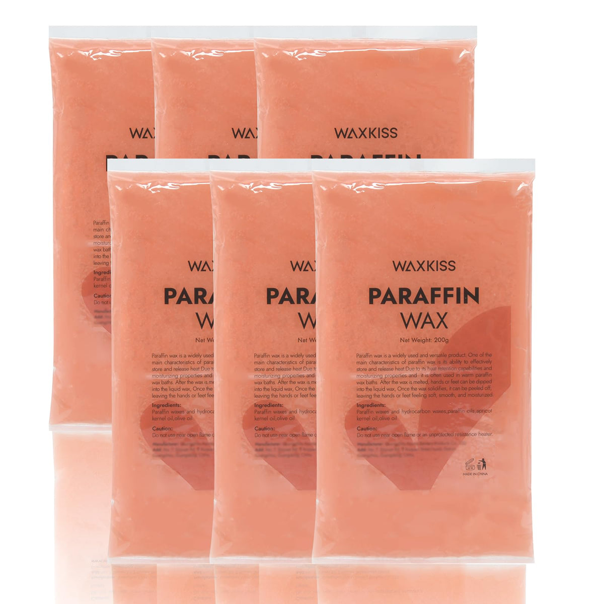 wewax front packaging showing six peach-scented paraffin blocks and branding benefit