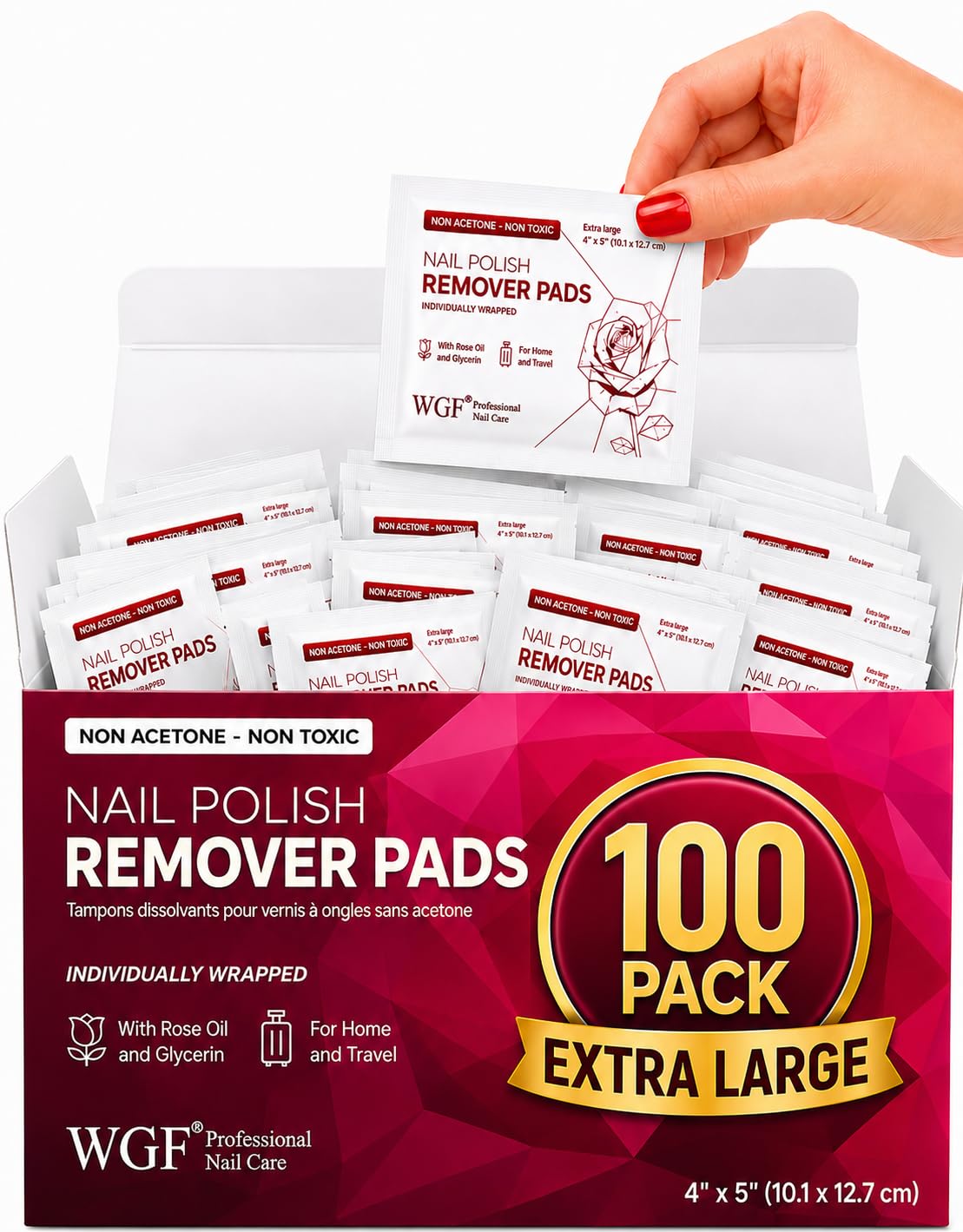 WGF PROFESSIONAL NAIL CARE front pack showing 100 pads and benefits