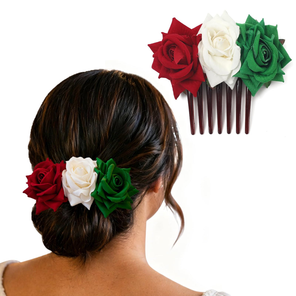 Whaline front view floral side comb showing patriotic colors and visual appeal