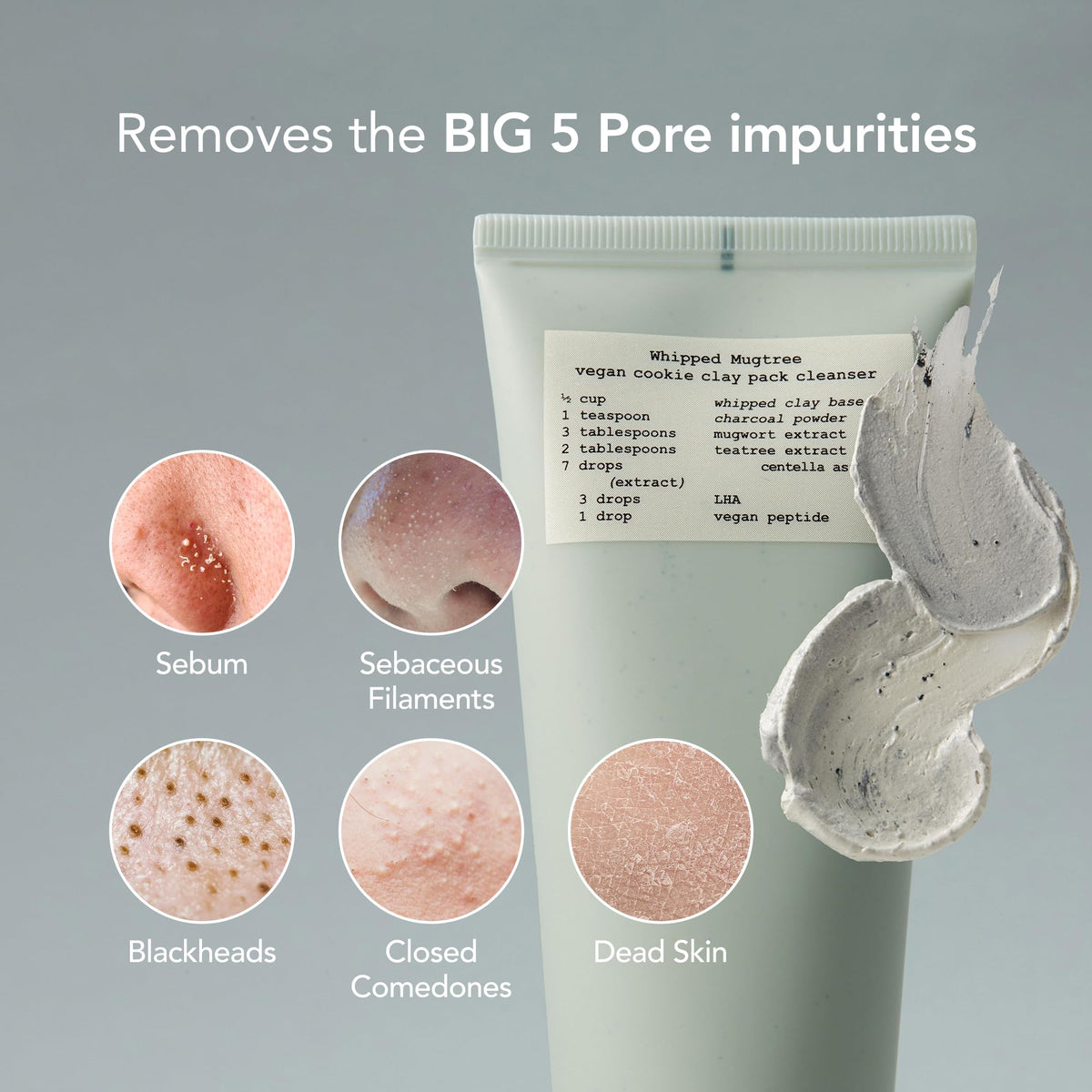 Whipped Semo Company texture close-up showing creamy clay and charcoal particles for gentle exfoliation