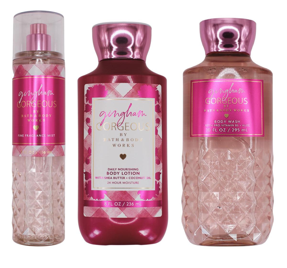 White Barn Gingham Gorgeous front packaging showing three full-size bottles and coordinated scent