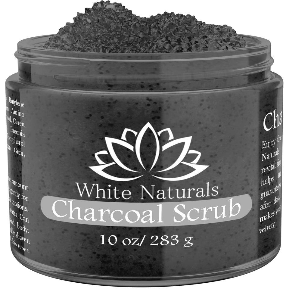 White Naturals jar front view showing charcoal scrub and clean packaging benefit