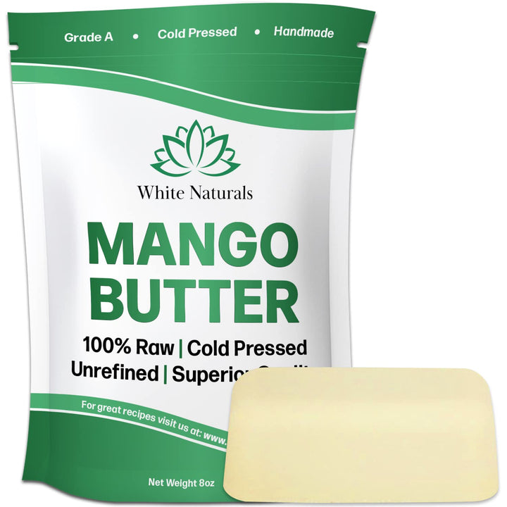 White Naturals mango butter front block showing organic packaging and creamy texture benefits