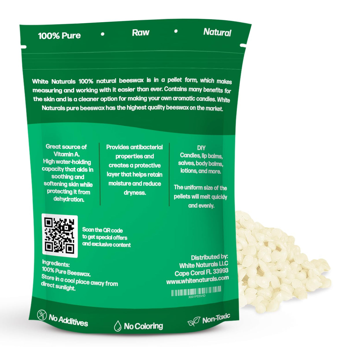 Close-up of White Naturals white beeswax pellets illustrating smooth texture and easy measuring