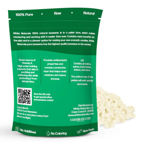 Close-up of White Naturals white beeswax pellets illustrating smooth texture and easy measuring