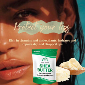 White Naturals open lid revealing pure unrefined shea butter, easy scoop and use