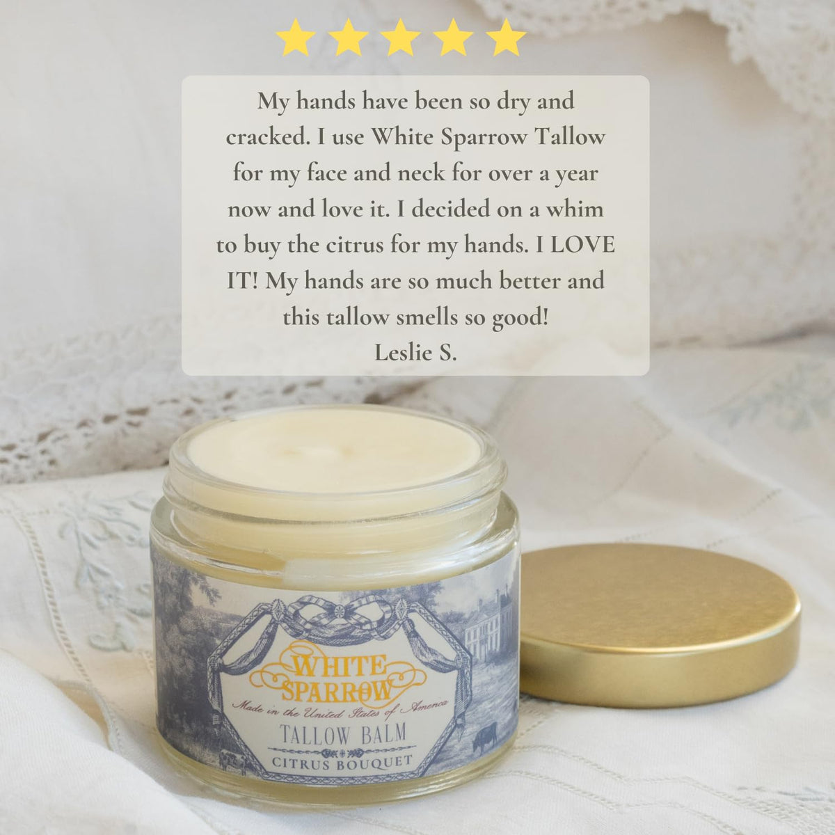 White Sparrow Farmacy balm on hand demonstrating moisturizing effect