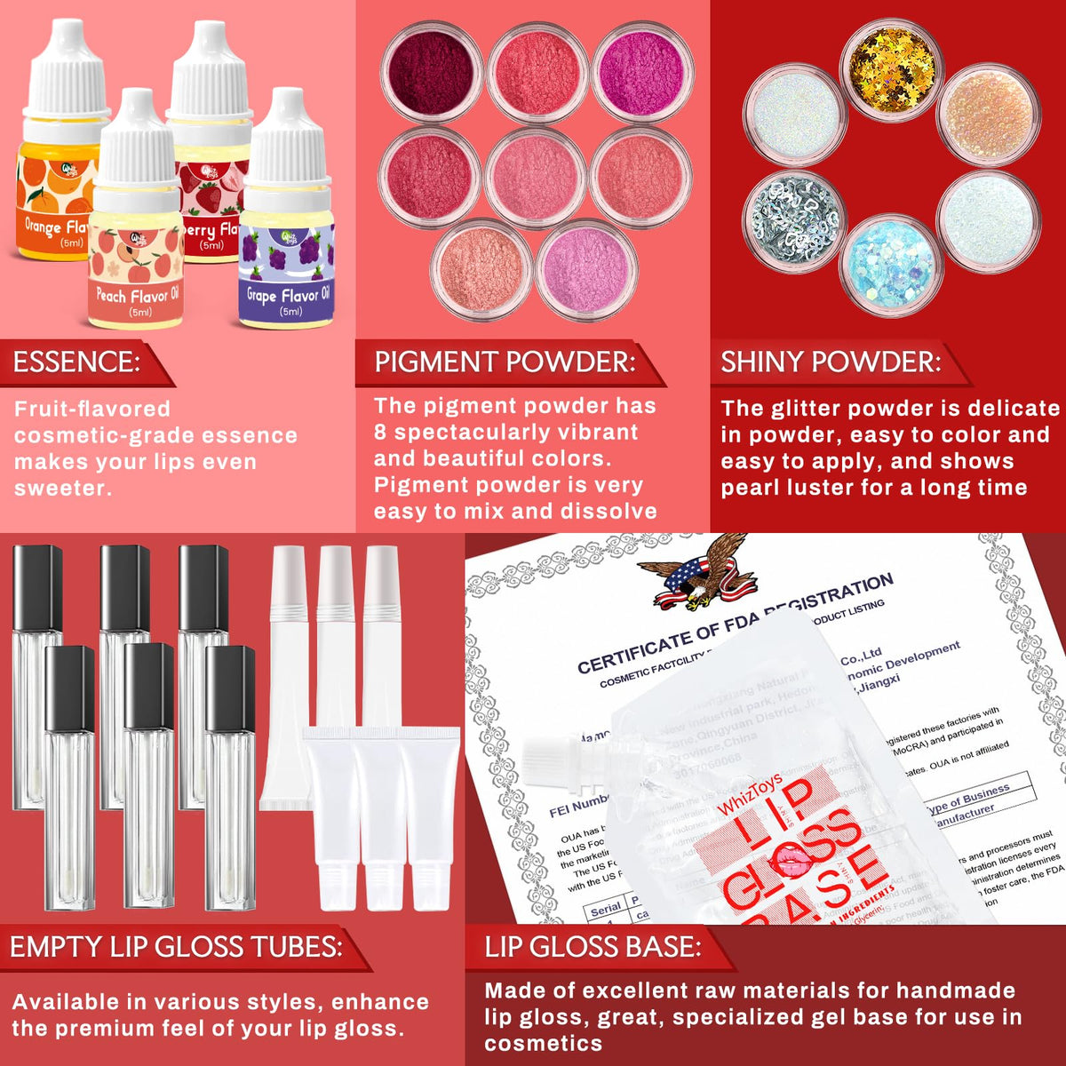 WhizToys finished lip glosses displayed to show glossy results