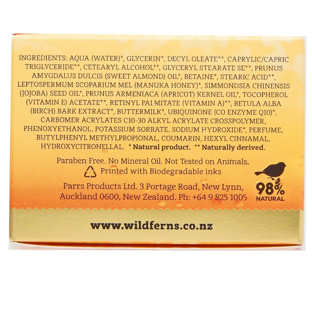 Wild Ferns product with Manuka Honey and oils displayed, showcases natural ingredient sources