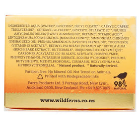 Wild Ferns product with Manuka Honey and oils displayed, showcases natural ingredient sources