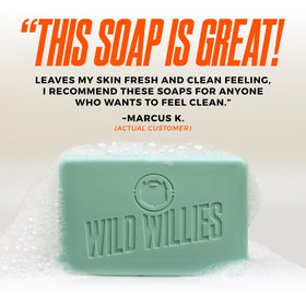 Wild Willies bar producing rich lather in shower demonstrating deep-clean benefit