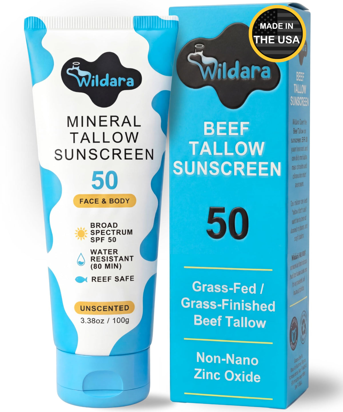Wildara front packaging showing SPF 50 and unscented benefit