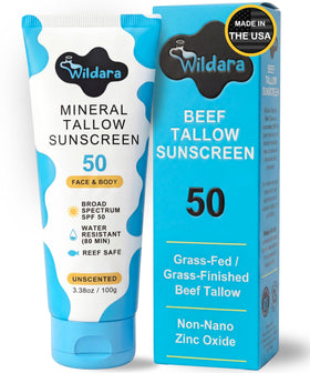 Wildara front packaging showing SPF 50 and unscented benefit
