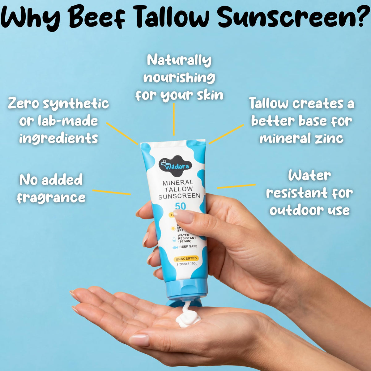 Wildara sunscreen spread on hand demonstrating smooth application and hydration