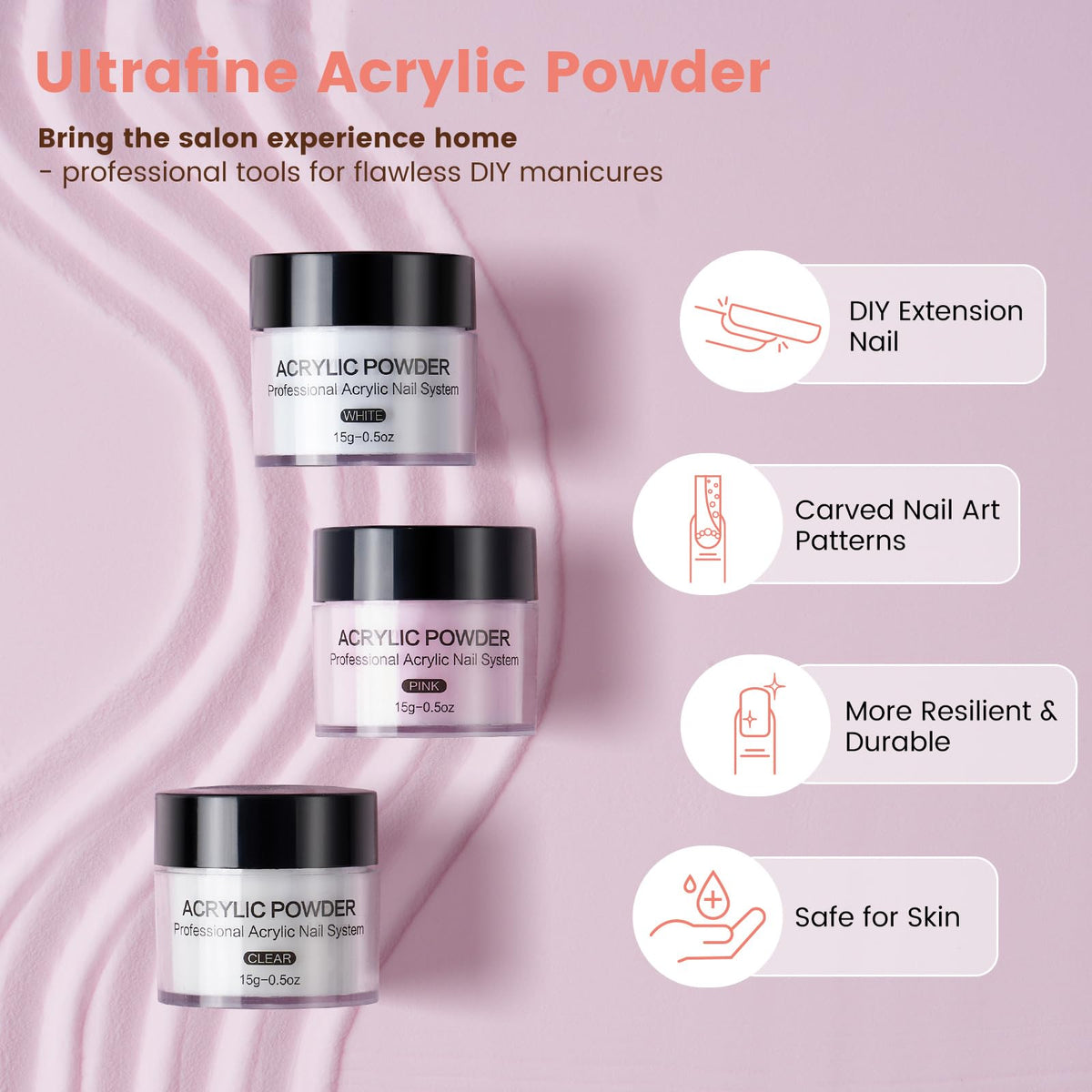 Wilfniee acrylic powders with monomer bottle showing easy shaping and vibrant color