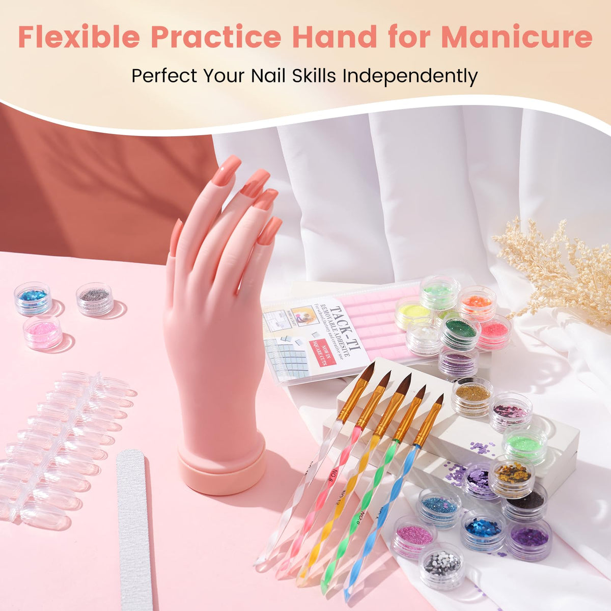 Wilfniee set of brushes and sequins arranged showing creative nail art options
