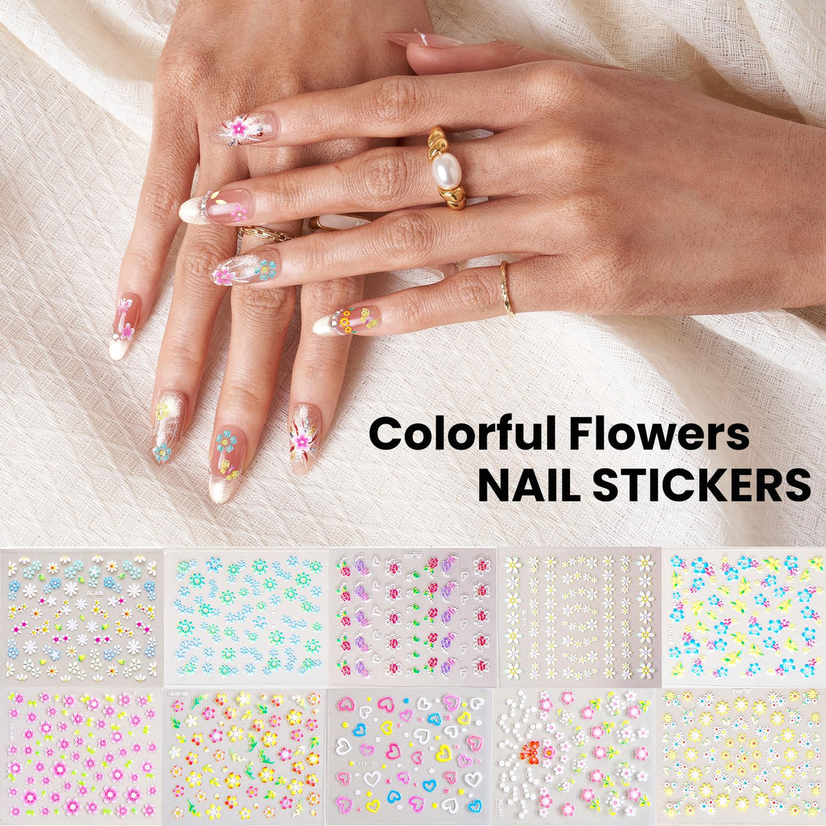 wilfniee nail tips and stickers laid out showing options for practice and decoration